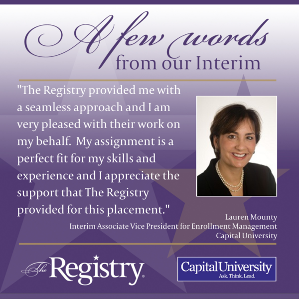 Thank you to Registry Member Lauren Mounty for this kind review of our efforts to pair her with her Interim Role of Associate Vice President for Enrollment Management at Capital University.