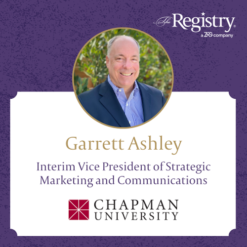 We’re pleased to announce the placement of Registry Member Garret Ashley as Interim Vice President of Strategic Marketing and Communications at Chapman University. Wishing you all the best!