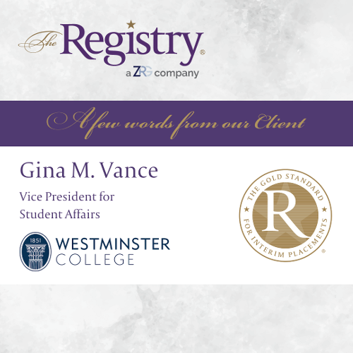 Many thanks to Gina M. Vance, Vice President for Student Affairs at Westminster College, for sharing her experience working with The Registry. It is a pleasure working with you!